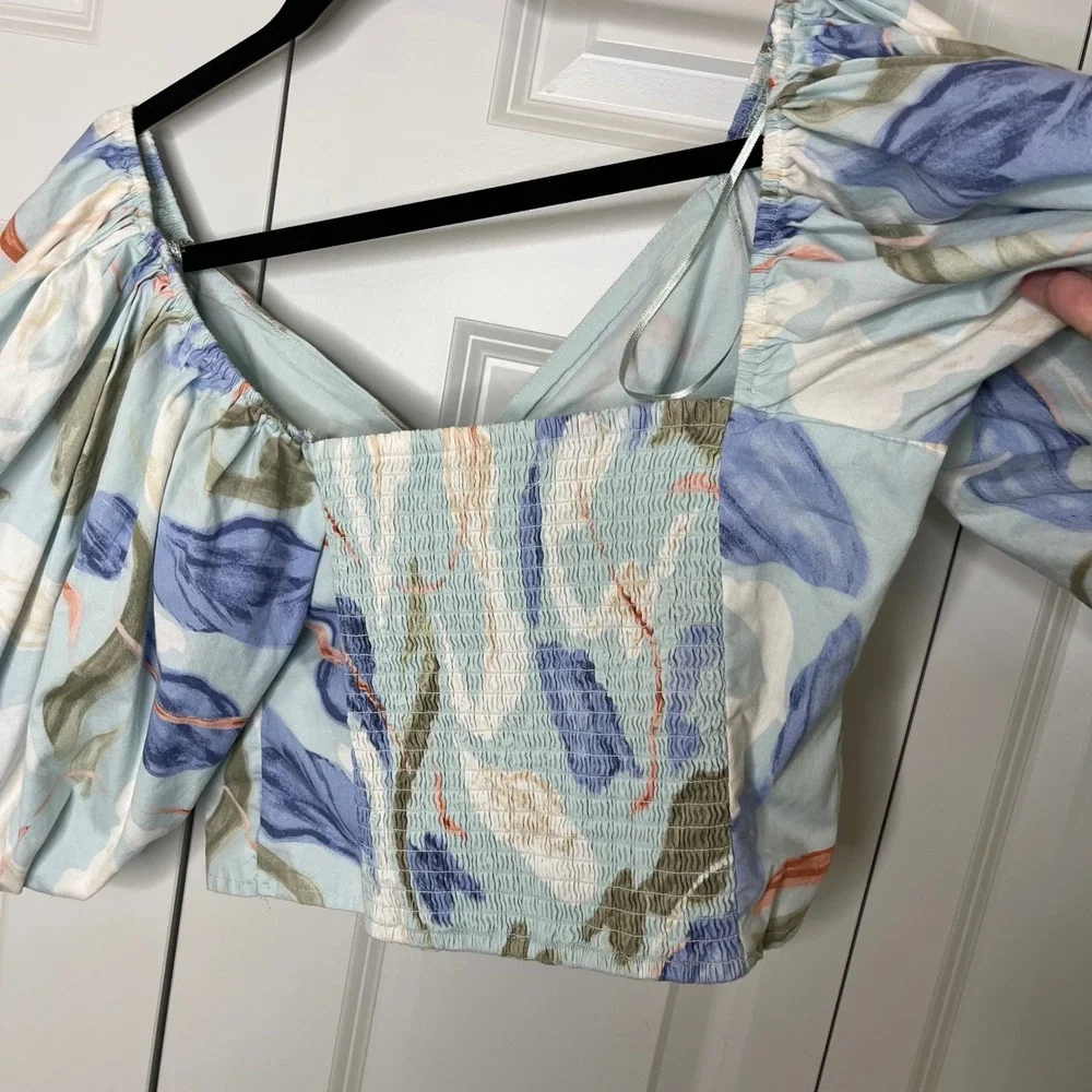 Abercrombie Floral Cottagecore Crop Top Medium Puff Sleeve Coquette Bow